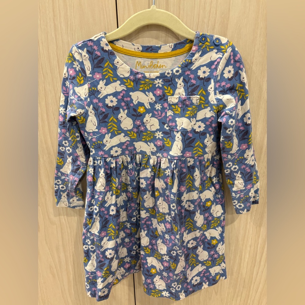 Mini Boden Floral Bunny Dress in Blue and Yellow 3-4Y